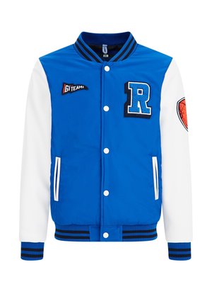 Modrá varsity bunda s bílými rukávy, žebrovaným límcem a manžetami. Obsahuje nášivku s písmenem "R" a grafiku basketbalu. Vyrobena z hladkého, lehkého materiálu.