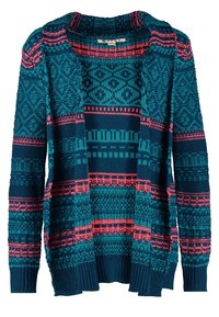 Pletený otevřený cardigan v zelenomodré barvě s geometrickými vzory, růžovými akcenty a žebrovanými okraji. Měkká textura, dlouhé rukávy a bez knoflíků.