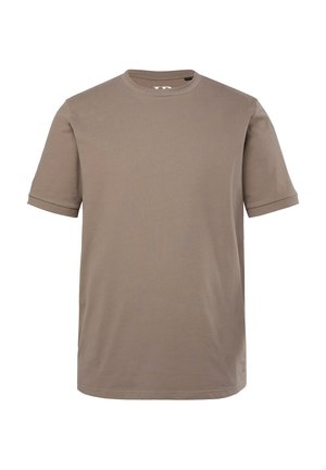 T-shirt a maniche corte, con collo rotondo, in tinta unità taupe, realizzato in morbido tessuto di cotone con una textura liscia e orlo dritto.