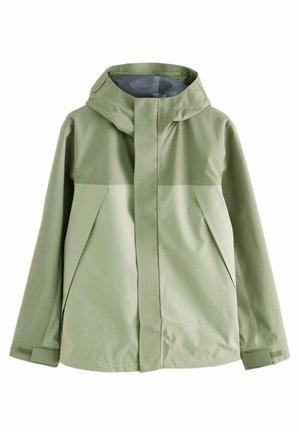 Jachetă impermeabilă de culoare verde deschis, cu glugă. Prezintă un design elegant, textură netedă și secțiuni contrastante la piept.