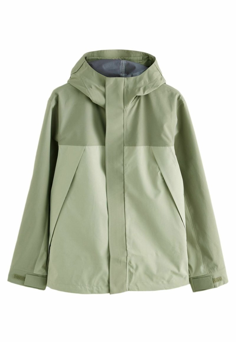 Light green, waterproof jacket with a hood. Features a sleek design, smooth texture, and contrasting sections at the chest.