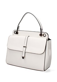 Witte leren handtas met zwarte accenten, gestructureerd ontwerp, bovenhandgreep, flap met vouw en magnetische sluiting, en ronde hardware accenten.