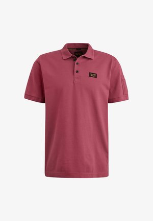 Short-sleeve polo shirt in burgundy cotton, featuring a classic collar, three-button placket, and a small logo patch on the chest.