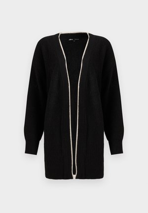 Cardigan noir avec un motif de tricot texturé, à devant ouvert et à manches longues. Présente une bordure contrastante de couleur crème le long des bords.