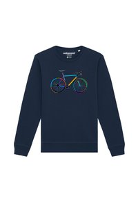 Marineblauwe sweatshirt met lange mouwen en ronde hals, voorzien van een kleurrijk, abstract fietsontwerp aan de voorkant in levendige tinten.