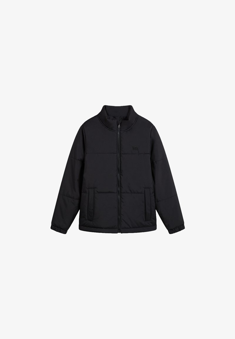 Black puffer jacket with a high collar, zip closure, two side pockets, and elasticized cuffs. Features a subtle logo on the chest.