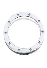 Kreisförmiger Edelstahlring mit polierter Oberflächenbehandlung und gleichmäßig verteilten Schraubenkappen entlang des äußeren Randes.