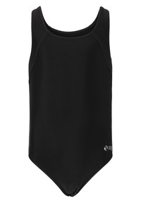 Maillot de bain une pièce noir en tissu lisse, avec un col rond, des bretelles larges et un détail de logo sur le bas droit.
