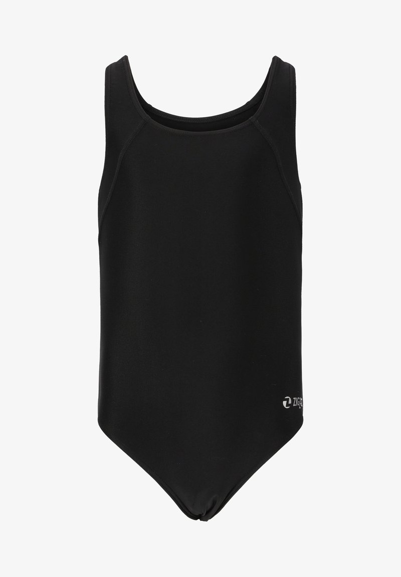 Schwarzer Einteiler-Badeanzug aus glattem Stoff, mit rundem Ausschnitt, breiten Trägern und einem Logodetail auf der unteren rechten Seite.