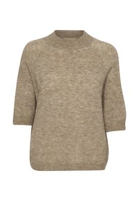 Svetra iz svetlo rjave volne z zaobljenim izrezom, kratkimi raglan rokavi in mehkobo teksturo. Ohlapen kroj, minimalistična zasnova.