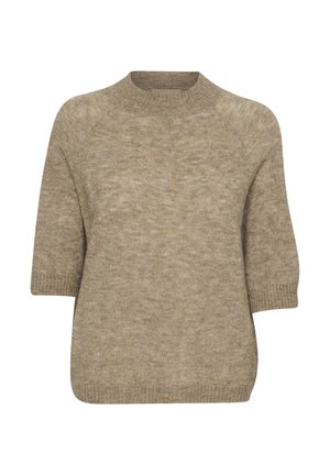 Heled pruun villane sviiter, ümmarguse kaeluse, lühikeste raglanvarrukatega ja pehme, tekstuurse viimistlusega. Lõdva istuvuse ja minimalistik disain.