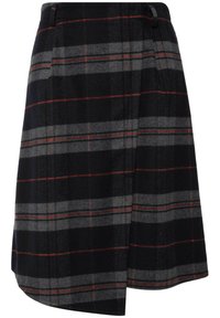 Schwarz-grauer Karorock mit roten Akzenten, aus einem strukturierten Wollstoff, mit flachem Bund und asymmetrischem Saum.