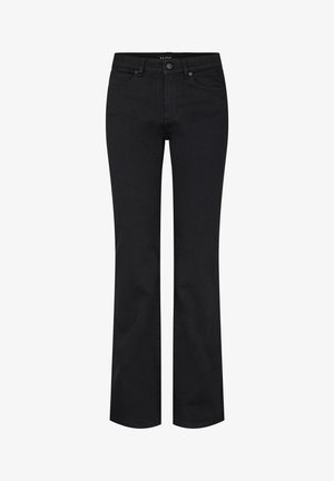 Sorte jeans med lige ben, lukkes med knap og lynlås, for- og baglommer samt bæltestropper, vist mod en hvid baggrund.