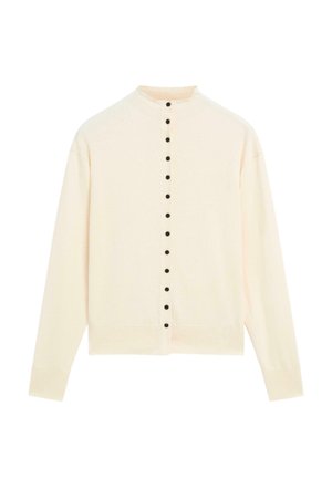 Cardigan crème clair avec un col montant, présentant une rangée de boutons noirs sur le devant et des manches longues, fabriqué en matériau tricoté doux.