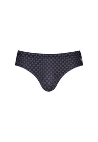 Donkerblauw bikinibroekje met cirkelpatronen in rood en wit, gemaakt van elastisch materiaal, met een gladde textuur en een mid-rise ontwerp.