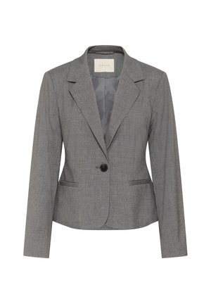 Gray pinstripe blazer with a notched collar, single button closure, and two front pockets. Features smooth fabric and long sleeves.