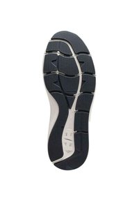 Semelle de sneaker en caoutchouc noir avec un motif de semelle, présentant des rainures ondulées et un entrejambe blanc. Bords arrondis et design sectionnel distinct.