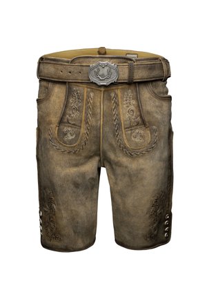 Ruske kožne tradicionalne bavarske kratke hlače s izvezenim cvjetnim uzorcima i pojasom s metalnom kopčom koja ima rogove.