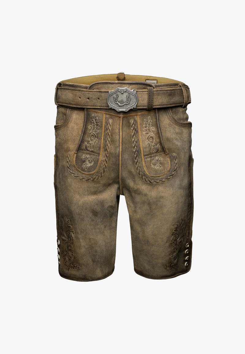 Pantalones cortos tradicionales bávaros de cuero marrón con patrones florales bordados y un cinturón con una hebilla de metal que presenta cuernos.