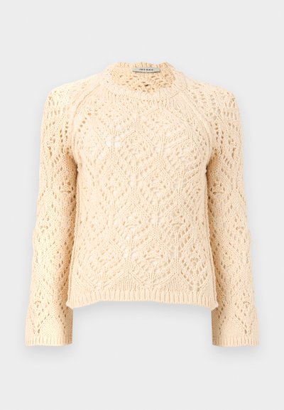 Κρεμ πλεκτό πουλόβερ με μακριά μανίκια και περίπλοκα διαμάντι-σχήματα δαντέλας σε όλη την επιφάνεια.