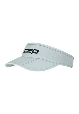 Light gray visor made from smooth fabric, featuring a wide curved brim and a black logo. Seam detailing along the brim and band.