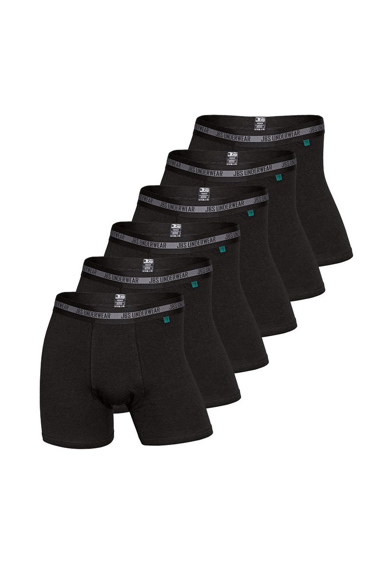 Un set di sei boxer neri, realizzati in un morbido tessuto, con un ampio elastico in vita dotato del logo "JBS Underwear".