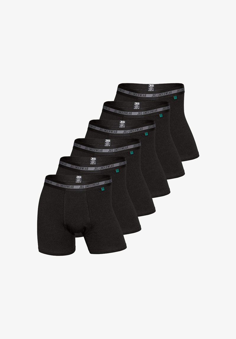 Svarta boxer shorts i ett set om sex, tillverkade av ett mjukt tyg, med en bred elastisk midjeband med "JBS Underwear"-logotyp.