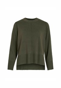 Maglione verde oliva con scollo rotondo, maniche lunghe, polsini e orlo a coste. Presenta una vestibilità comoda e un dettaglio di cucitura verticale sul davanti.