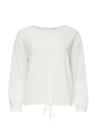 Blouse blanche en tissu texturé, dotée de manches longues, d'un col rond et d'une taille froncée avec des liens à cordon ajustables.
