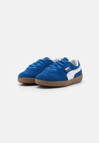 Sinised sametine jalatsid valgete detailidega, ümmarguste toesid, lapikud paelad ja pruun kummitald. Puma logo küljel.