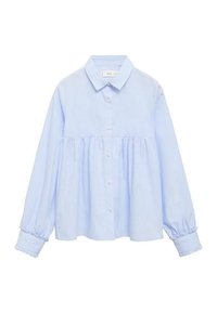 Hellblau gestreiftes Button-up-Hemd mit Kragen, gerafftem Bund und langen Ärmeln mit elastischen Bündchen. Weicher Stoff mit glatter Textur.