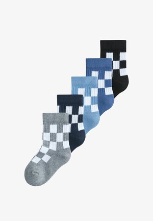 Viis paari pahkluusokke hallis, tumedas sinises, helesinises ja mustas värvis, valge ruudulise mustriga. Ribitud tekstuuriga.