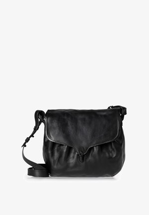 Schwarze Leder-Crossbody-Tasche mit runder Form, Klappenverschluss und verstellbarem Gurt. Glatte Textur mit dezenten Nähdetails.