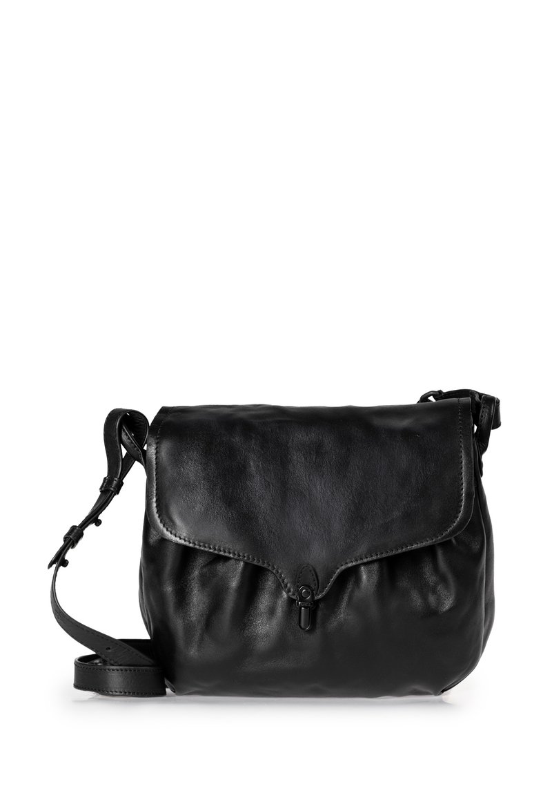 Borsa a tracolla in pelle nera con forma arrotondata, chiusura a pattina e tracolla regolabile. Texture liscia con dettagli di cucitura sottili.