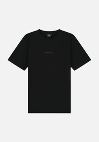 Zwarte katoen t-shirt met korte mouwen, ronde hals en het logo "TOMORROWLAND" gecentreerd in een subtiele grijze kleur. Klassieke pasvorm en een zachte textuur.
