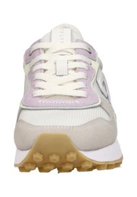 Sneaker with a white mesh upper and light gray suede accents. Features lavender details, beige sole, and standard lacing with a tongue label.