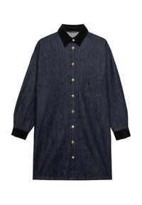Sukienka koszulowa z denimu z długimi rękawami, ciemnoniebieska tkanina, czarny kołnierz z kordurowej tkaniny, zapięcie na guziki z przodu oraz jedna kieszeń na piersi.