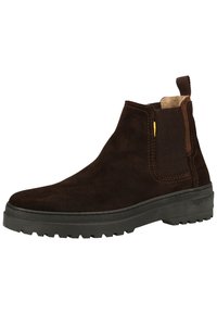 Braune Wildleder-Stiefel in Knöchelhöhe mit elastischen seitlichen Einsätzen, einem Zugriemen und einer strukturierten Gummisohle für besseren Halt.