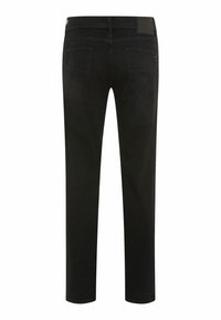 Schwarze Denim-Jeans mit geradem Schnitt, fünf Taschen-Design und glatter Textur; keine sichtbaren Abnutzungen oder Verzierungen.