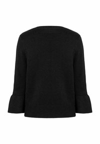 Schwarzer Pullover mit lockerer Silhouette, ausgestattet mit einem Rundhalsausschnitt und dreiviertellangen Glockenärmeln. Hergestellt aus weichem Strickstoff.