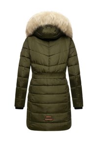 Olive green puffer jacket with fur-lined hood, chevron quilting, elasticated waist, and ribbed cuffs; features logo patch on lower front.