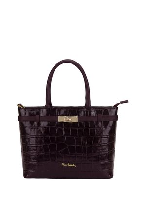 Borsa a mano in pelle verniciata viola scuro con texture effetto coccodrillo, due manici, chiusura dorata e logo Pierre Cardin sul davanti.