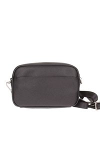 Sort syntetisk crossbody taske med rektangulær form, lynlåslukning, justerbar rem og glat tekstur.