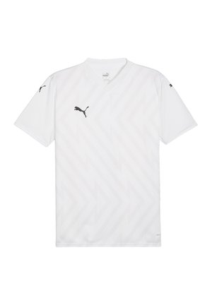 Witte atletische jersey met een V-hals, korte mouwen, voorzien van een subtiel chevronpatroon en een zwart Puma-logo op de linkerschouder.