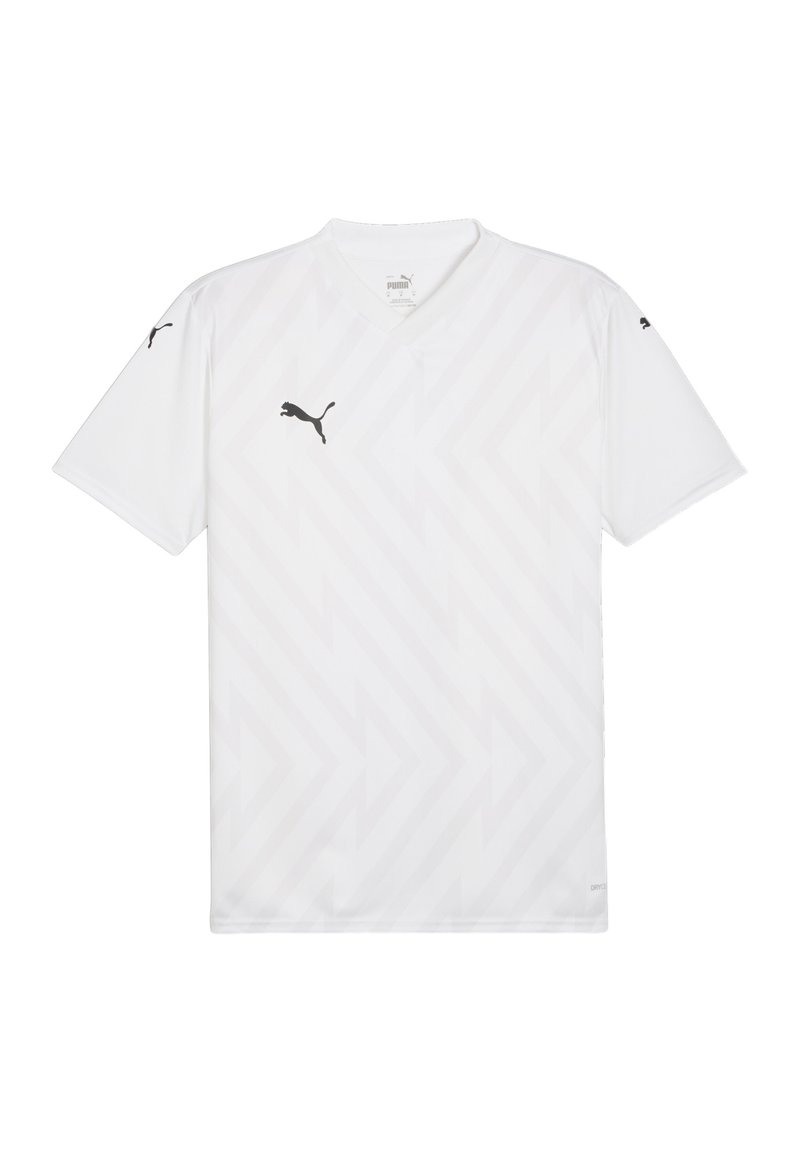 Maglia sportiva bianca con scollatura a V, maniche corte, caratterizzata da un sottile motivo a chevron e logo Puma nero sulla spalla sinistra.