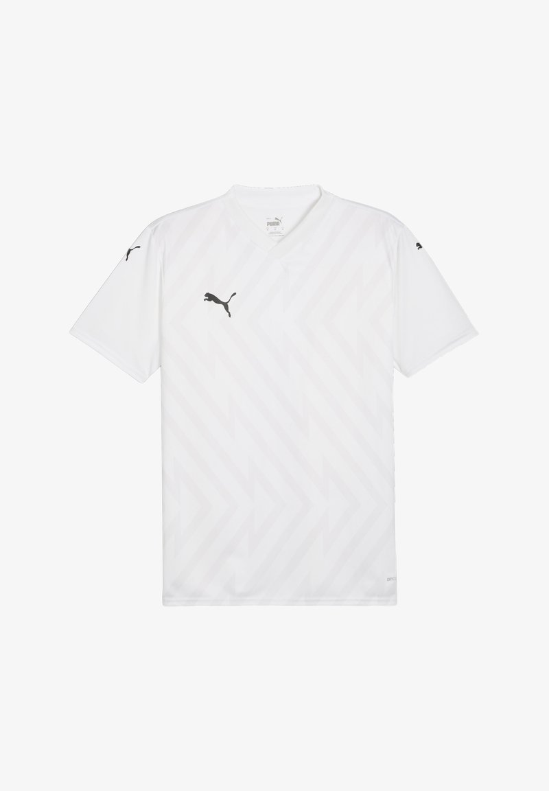 Maglia sportiva bianca con scollatura a V, maniche corte, caratterizzata da un sottile motivo a chevron e logo Puma nero sulla spalla sinistra.