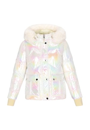 Irisierende Steppjacke mit Kunstpelzkapuze, ausgestattet mit Reißverschluss, Druckknöpfen und zwei Fronttaschen. Strukturierte, gesteppte Optik.