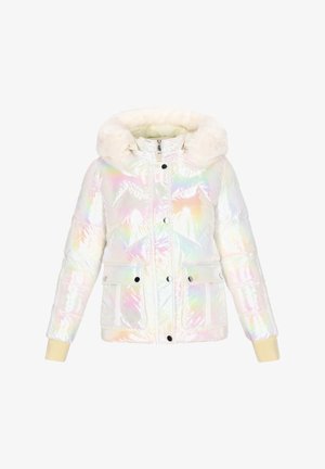 Irisierende Steppjacke mit Kunstpelzkapuze, ausgestattet mit Reißverschluss, Druckknöpfen und zwei Fronttaschen. Strukturierte, gesteppte Optik.