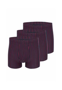 Tre par boxerbriefs lavet af marineblåt stof med røde lodrette striber, med elastiske taljebånd og en tætsiddende pasform.