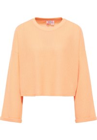 Sweatshirt à capuche en matériau texturé, tricot à gaufres ; design court ; couleur orange vif ; manches larges avec bords roulés ; étiquette visible.